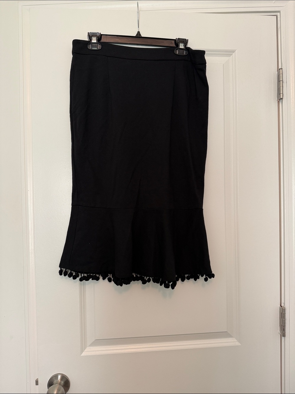 Black Pencil Skirt with Flounce Hem and Pom Trim